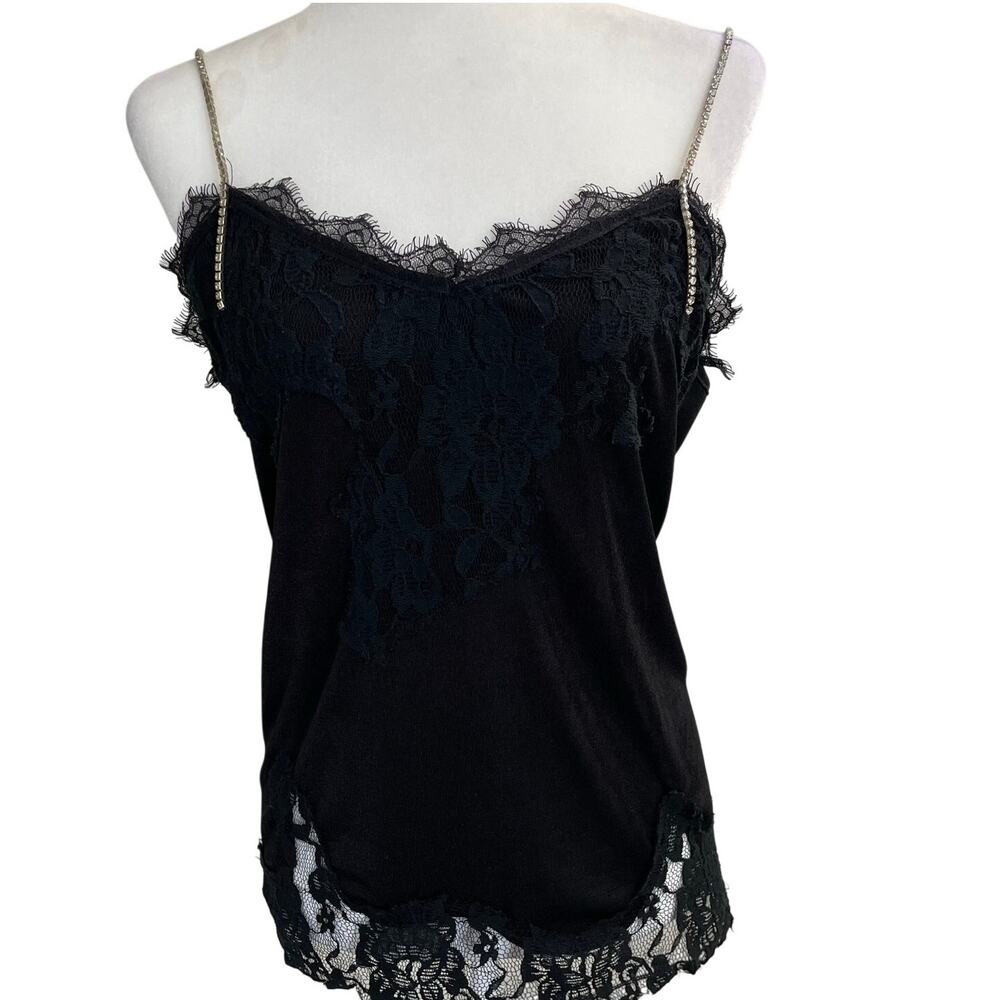 Vogue Black Lace Cami Top Large Rhinestone Straps Whimsigoth-Y2K